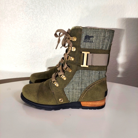 SOREL Major Carly Olive Green Suede Canvas Lace Up Combat Boots Women's Size 6.5 - Picture 2 of 16